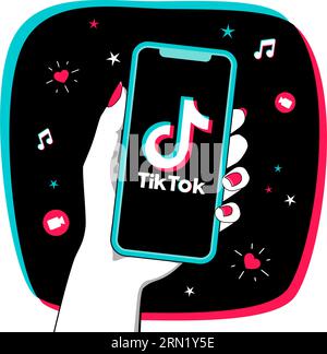 Mano di donna che tiene lo smartphone con il logo TikTok sullo schermo. Intrattenimento breve video social network. Illustrazione vettoriale con concetto adolescenziale. Illustrazione Vettoriale