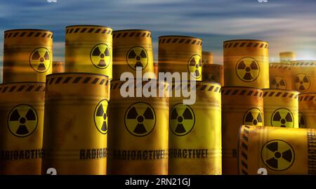 Concetto di barili di scorie radioattive nucleari in linea di massima. Pericolo inquinamento da radiazioni contenitori industriali illustrazione 3D. Foto Stock