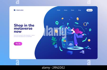 Landing page delle tecnologie di realtà aumentata. Donna cliente con visore vr con occhiali sceglie l'indumento sullo schermo olografico. Shopping nel modello di banner metaverse. Commercio e retail in realtà virtuale. Illustrazione Vettoriale