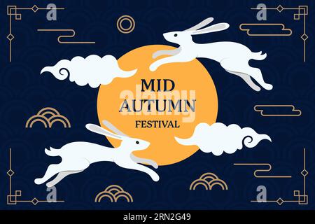 illustrazione di sfondo piatta di metà autunno con due conigli che saltano Illustrazione Vettoriale