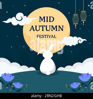 illustrazione del festival di metà autunno con coniglio che guarda alla luna Illustrazione Vettoriale