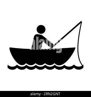 Silhouette nera di pescatori che catturano pesci in barca Illustrazione Vettoriale