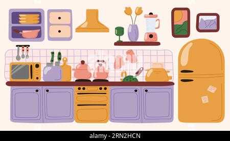 Interni della cucina con mobili in stile doodle. Banner di design per mobili. Sala da pranzo della casa con frigorifero, microonde e tostapane Illustrazione Vettoriale