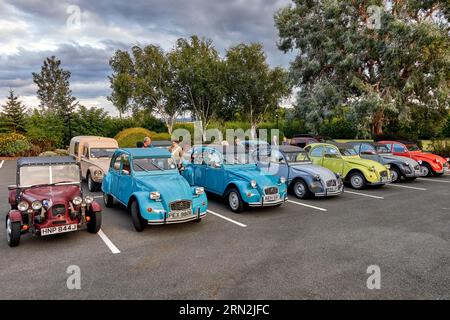 Auto Citroen 2CV in fila a una riunione dei membri del club. Warwickshire, Inghilterra, Regno Unito Foto Stock