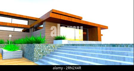 Concrete stairs near the cozy suburban house with wooden facade finishing. The porch with glass sliding door. 3d rendering. Stock Photo