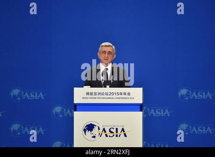 (150328) -- BOAO, 28 marzo 2015 -- il presidente armeno Serzh Sargsyan interviene durante la cerimonia di apertura della conferenza annuale del 2015 del Forum di Boao per l'Asia (BFA) a Boao, nella provincia di Hainan nella Cina meridionale, il 28 marzo 2015. ) (mp) CHINA-BOAO-BFA 2015-OPENING (CN) ZhaoxYingquan PUBLICATIONxNOTxINxCHN Foto Stock