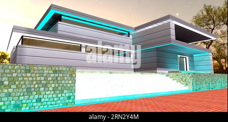 Gradini di cemento accesi fino al portico dell'albergo moderno d'élite illuminato di notte. rendering 3d. Foto Stock