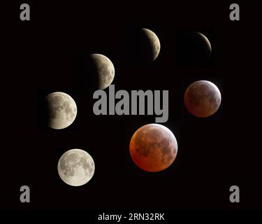 (150404) -- LOS ANGELES, 4 aprile 2015 -- la foto combinata scattata il 4 aprile 2015 mostra il processo di un'eclissi lunare totale osservata a Santa Monica Beach a Santa Monica, California, Stati Uniti. Secondo i dati astronomici, l'eclissi è la più breve dal XXI secolo in quanto la totalità durò solo 12 minuti. U.S.-LOS ANGELES-ECLIPSE ZhaoxHanrong PUBLICATIONxNOTxINxCHN Los Angeles 4 aprile 2015 la foto combinata scattata IL 4 aprile 2015 mostra il processo di un eclissi lunare totale osservato A Santa Monica Beach a Santa Monica California Stati Uniti secondo Astronom Foto Stock