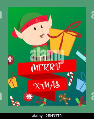Merry X-mas lettering ed elfo con confezione regalo Illustrazione Vettoriale