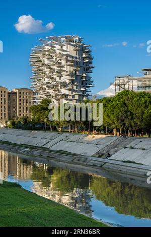 Francia, Herault, Montpellier, distretto di Richter, le rive del fiume Lez, l'Arbre Blanc, edificio progettato dall'architetto giapponese Sou Foujimoto e dagli architetti francesi Nicolas Laisne et Manal Rachdi Foto Stock