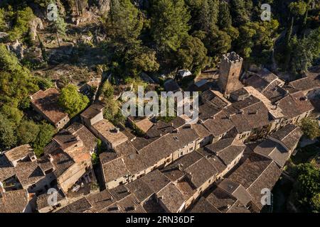 Francia, Herault, Causses e Cevennes, paesaggio culturale pastorale agro-pastorale mediterraneo, patrimonio dell'umanità dell'UNESCO, Saint Guilhem le Desert, etichettato Les Plus Beaux Villages de France (i più bei villaggi della Francia) (vista aerea) Foto Stock