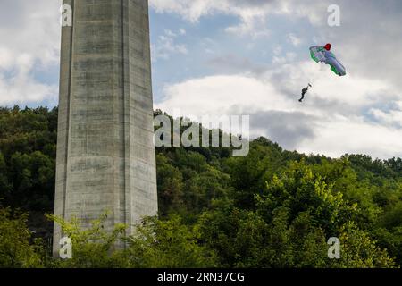 Francia, Aveyron, parco naturale regionale Grands Causses, Millau, salti di base dal viadotto di Millau Foto Stock