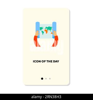 Mani che reggono l'icona vettoriale piatta della mappa del mondo di carta Illustrazione Vettoriale