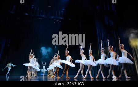 (150417) -- JOHANNESBURG, 17 aprile 2015 -- Dancers of the Liaoning Ballet of China e Joburg Ballet of South Africa eseguono il lago dei cigni al Joburg Theatre di Johannesburg, Sudafrica. Il lago dei cigni , presentato dal Joburg Ballet e dal Liaoning Ballet of China, ha debuttato qui il venerdì. Come evento clou nell'anno della Cina in Sud Africa, il lago dei cigni co-presentato sarà mostrato a Johannesburg e Bloemfontein venti volte in totale nei prossimi giorni. ) SUD AFRICA-JOHANNESBURG-CINA-BALLET-SWAN LAKE ZhaixJianlan PUBLICATIONxNOTxINxCHN Johannesburg 17 aprile 2015 Dancers of the Foto Stock