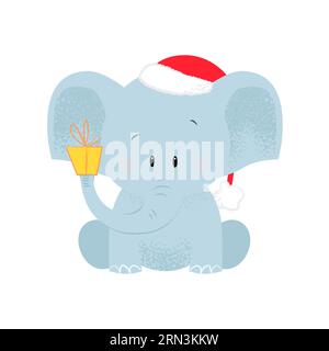 Elefante natalizio con cappello da Babbo Natale e regalo sul bagagliaio Illustrazione Vettoriale