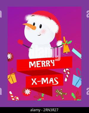 Merry X-mas lettering e pupazzo di neve con campana Illustrazione Vettoriale