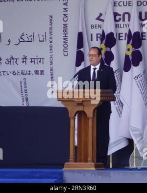 (150424) -- EREVAN, 24 aprile 2015 -- il presidente francese Francois Hollande tiene un discorso per commemorare il 100° anniversario di un genocidio a Erevan, in Armenia, il 24 aprile 2015. L'Armenia ha tenuto un evento venerdì per celebrare il 100° anniversario di un genocidio commesso dall'Impero Ottomano. ) ARMENIA-YEREVAN-GENOCIDE-100ESIMO ANNIVERSARIO WeixDafang PUBLICATIONxNOTxINxCHN Yerevan 24 aprile 2015 il presidente francese Francois Hollande tiene un discorso per commemorare Ting il 100 ° anniversario di un genocidio a Erevan Armenia IL 24 aprile 2015 Armenia eroe di evento venerdì per celebrare il 100 ° anniversario di un Foto Stock