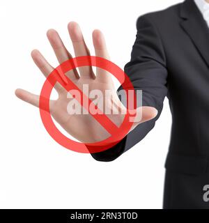 Businessman showing 5 fingers. Red prohibition sign. Foto Stock