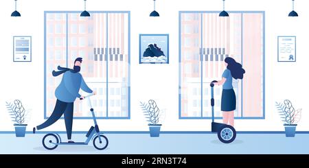 Corridoio nell'edificio degli uffici. I viaggiatori d'affari viaggiano su moderne biciclette ecologiche. Trasporto ecologico e personaggi umani di moda. Interni cartoni animati con mobili. Fil Illustrazione Vettoriale