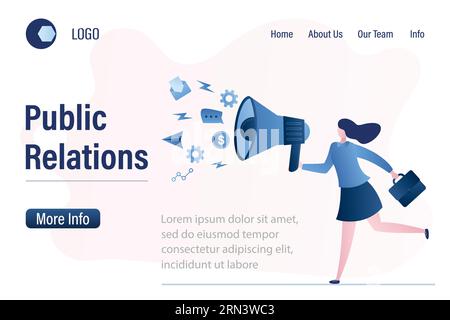 Relazioni pubbliche e affari, modello di landing page per le comunicazioni. Banner Web per agenzie di PR e Jobs Concept. Donna che tiene in mano un altoparlante e corre. Femorale Illustrazione Vettoriale