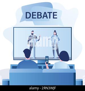 La coppia d'amore guarda lo show televisivo con i leader dei partiti politici opposti. Gente che guarda il dibattito politico. Intrattenimento serale in TV. vecto alla moda Illustrazione Vettoriale