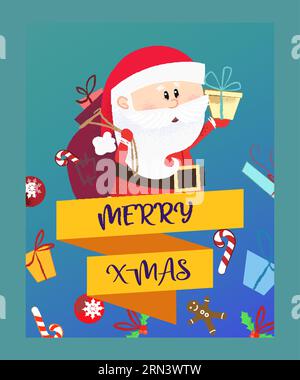Merry X-mas lettering e Babbo Natale con regali Illustrazione Vettoriale