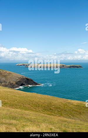 Camminando lungo il percorso della costa del Galles vicino ad Abersoch con le isole St Tudwal's Island West e St Tudwal's Island East sullo sfondo Foto Stock