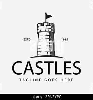 Illustrazione retrò d'epoca di una robusta fortezza del castello con un vettore di design con logo di sicurezza bandiera battente Illustrazione Vettoriale