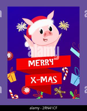 Merry X-mas lettering e maiale con luci Bengala Illustrazione Vettoriale