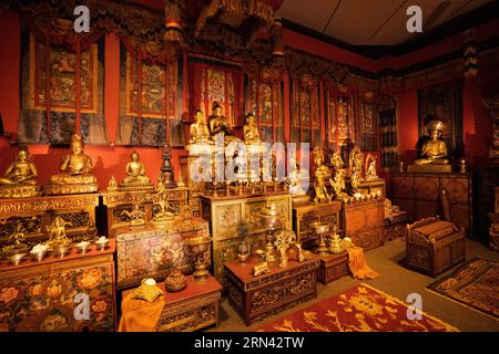 WASHINGTON, DC, Stati Uniti — la Tibetan Shrine Room espone al National Museum of Asian Art, parte dello Smithsonian Institution. Lo spazio sacro meticolosamente ricreato mette in mostra l'arte tradizionale buddista tibetana, gli oggetti religiosi e gli elementi architettonici, offrendo ai visitatori un'esperienza immersiva della cultura spirituale tibetana. Foto Stock