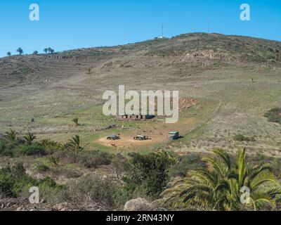 Pascolo di capre con baracche sulle colline in cima alla gola di Barranco del Agua a ovest dell'isola di la Gomera. Isole Canarie, Spagna Foto Stock