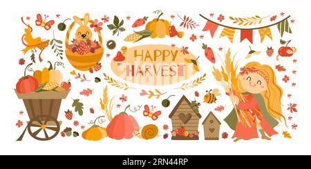Set Happy Harvest Festival. Frasi scritte disegnate a mano e simboli di buon raccolto. Zucca autunnale, mais e ragazza che raccolgono il grano. Illustrazione Vettoriale