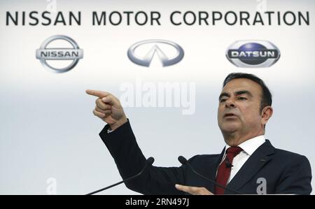 YOKOHAMA, 13 maggio 2015 - il presidente e CEO di Nissan Motors Carlos Ghosn parla durante una conferenza stampa per annunciare i risultati finanziari per i 12 mesi fino al 31 marzo 2015 a Yokohama, vicino a Tokyo, Giappone, 13 maggio, 2015. Nissan ha affermato che l'utile operativo è salito a 589,6 miliardi di yen per l'anno fiscale 2014, rappresentando un margine del 5,2% sui ricavi netti che ha raggiunto 11,38 trilioni di yen circa 94,98 miliardi di dollari USA per il periodo. Azp JAPAN-YOKOHAMA-NISSAN-FY 2014 Stringer PUBLICATIONxNOTxINxCHN Foto Stock