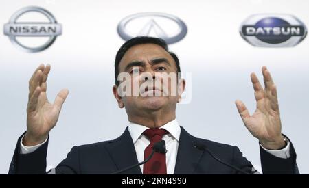 YOKOHAMA, 13 maggio 2015 - il presidente e CEO di Nissan Motors Carlos Ghosn parla durante una conferenza stampa per annunciare i risultati finanziari per i 12 mesi fino al 31 marzo 2015 a Yokohama, vicino a Tokyo, Giappone, 13 maggio, 2015. Nissan ha affermato che l'utile operativo è salito a 589,6 miliardi di yen per l'anno fiscale 2014, rappresentando un margine del 5,2% sui ricavi netti che ha raggiunto 11,38 trilioni di yen circa 94,98 miliardi di dollari USA per il periodo. Azp JAPAN-YOKOHAMA-NISSAN-FY 2014 Stringer PUBLICATIONxNOTxINxCHN Foto Stock