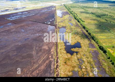 Vista aerea della brughiera, dell'area di taglio e riumidificazione della torba Esterweger dose in Emsland, immagine di un drone, bassa Sassonia, Germania Foto Stock