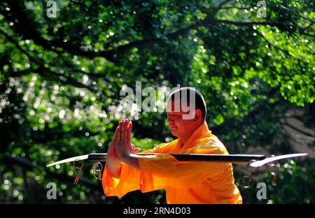 (150517) -- QUANZHOU, 17 maggio 2015 -- Un monaco pratica l'arte marziale al Tempio di Quanzhou Shaolin nella città di Quanzhou, nella provincia del Fujian della Cina sudorientale. Situato nella parte orientale della montagna Qingyuan di Quanzhou, il Tempio Shaolin di Quanzhou, chiamato anche Tempio Shaolin meridionale, è il luogo di nascita dell'arte marziale di Shaolin meridionale, che si è diffusa a Taiwan, Hong Kong e Macao e anche nel sud-est asiatico sin dalle dinastie Ming (1368-1644) e Qing (1644-1911). È anche chiamato congiuntamente Shaolin meridionale e settentrionale con il Tempio Songshan Shaolin nella provincia di Henan nella Cina centrale. Zen, la dottrina che mai Foto Stock