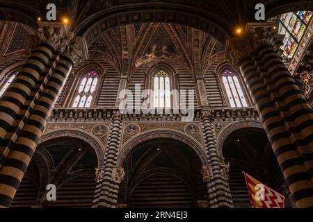 Colonne in marmo a strisce bianche e nere nella cattedrale, archi a croce e rotondi, Siena, Toscana, Italia Foto Stock