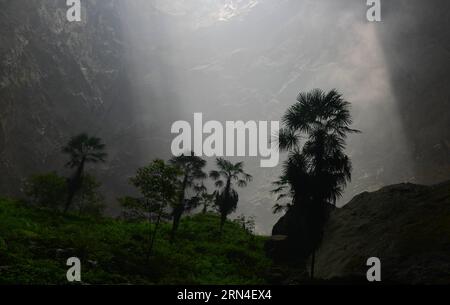 (150519) -- ENSHI, 19 maggio 2015 -- le piante sono viste all'interno di una dolina nella regione montuosa di Xuanen, nella provincia di Hubei, nella Cina centrale, 19 maggio 2015. A causa del paesaggio carsico locale e del clima umido, una dolina profonda più di 290 metri a Xuanen è diventata la casa di varie piante e animali. Un ecosistema completo e originale è tenuto nel buco in quanto è difficile per l'uomo entrare. ) (zhs) CHINA-HUBEI-SINKHOLE-SCENERY (CN) YangxShunpi PUBLICATIONxNOTxINxCHN 150519 Enshi 19 maggio 2015 le piante sono laghi all'interno di una dolina nella montagna contea di Xuanen nella provincia di Hubei della Cina centrale 19 maggio 201 Foto Stock