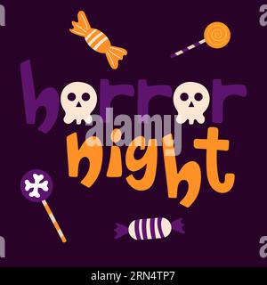 Serata horror a carte di Halloween disegnate a mano con teschio al posto di o lettera e caramelle. Illustrazione Vettoriale