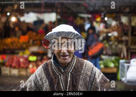 L'immagine scattata il 1° giugno 2015 mostra una persona sorridente sotto la pioggia nel mercato Feria Pinto nella città di Temuco, capitale della provincia di Cautin e nella regione di la Araucania, Cile. Temuco si trova a circa 600 km dalla capitale Santiago e ha una grande varietà di spazi naturali come il Monumento naturale Cerro Nielol, un'area selvaggia protetta nel cuore della città con piccole lagune, ristoranti e ampie aree verdi dove godersi un picnic. Per conoscere la storia di Temuco e della regione, è possibile visitare il Museo regionale dell'Araucania che mostra i dettagli dell'Euro Foto Stock