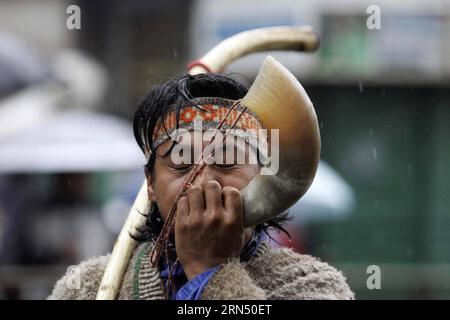 L'immagine scattata il 25 agosto 2009 mostra un membro della comunità indigena Mapuche, che partecipa a una manifestazione nella città di Temuco, capitale della provincia di Cautin e nella regione di la Araucania, Cile. Temuco si trova a circa 600 km dalla capitale Santiago e ha una grande varietà di spazi naturali come il Monumento naturale Cerro Nielol, un'area selvaggia protetta nel cuore della città con piccole lagune, ristoranti e ampie aree verdi dove godersi un picnic. Per conoscere la storia di Temuco e della regione, è possibile visitare il Museo regionale dell'Araucania, che espone la sua Foto Stock