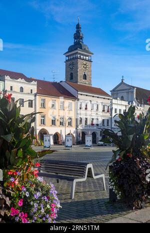 Torre Nera in Piazza Premysl Otakar II nella storica città vecchia di Ceske Budejovice, 'eské Bud'jovice, Boemia del Sud, Repubblica Ceca, Europa Foto Stock