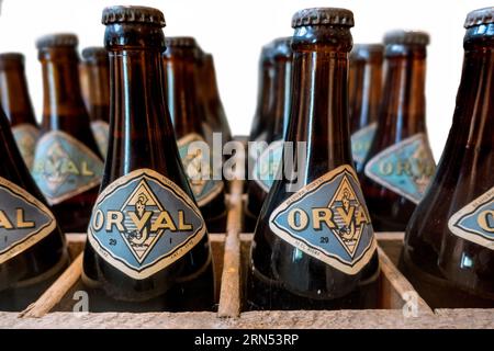 Orval Trappist beer bottles in vintage wooden crate at Orval Abbey / Abbaye Notre-Dame d'Orval, Villers-devant-Orval, Florenville, Wallonia, Belgium Stock Photo