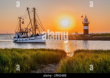 Taglia granchio con il faro di Kleiner Preusse presso il porto di Sielhafen al tramonto, Brema, località balneare del Mare del Nord, costa del Mare del Nord di Wurster, estuario di Weser Foto Stock