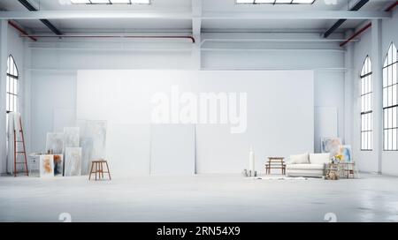 Interni minimalisti dello studio artistico, vista grandangolare, ambiente di colore bianco Foto Stock