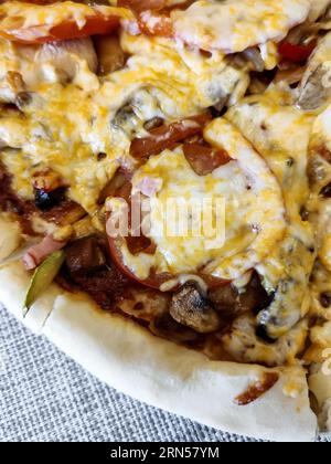 Delicious sliced grilled homemade pizza with eggplant, zucchini, tomatoes, olives, chicken meat, mushrooms and filled with cheese. Close-up. Selective Stock Photo