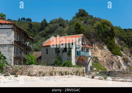 Al confine, Arsanas Chromnitsas, Monte Athos, repubblica monastica ortodossa con status autonomo sotto la sovranità greca, penisola di Athos Foto Stock