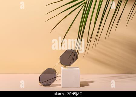 Podio decorativo con eleganti occhiali da sole e foglie di palma su sfondo beige Foto Stock