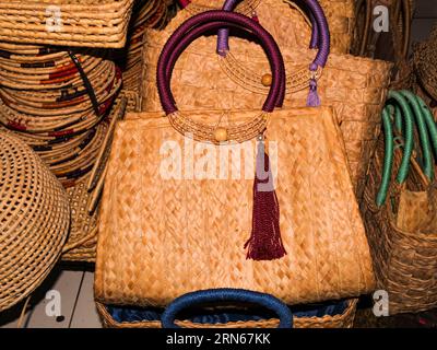 Le borse da donna realizzate con fibre vegetali chiuse a chiave indigena sono souvenir venduti ai turisti nello stato di Maranhão, a nord-est del Brasile Foto Stock