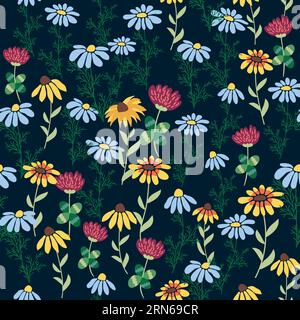 Motivo floreale senza cuciture. Daisie, gigli della valle, trifoglio, tulipani, peonie, Caps lla b rsa-Past ris, erbe. Stampa con piccoli fiori luminosi, spri Illustrazione Vettoriale